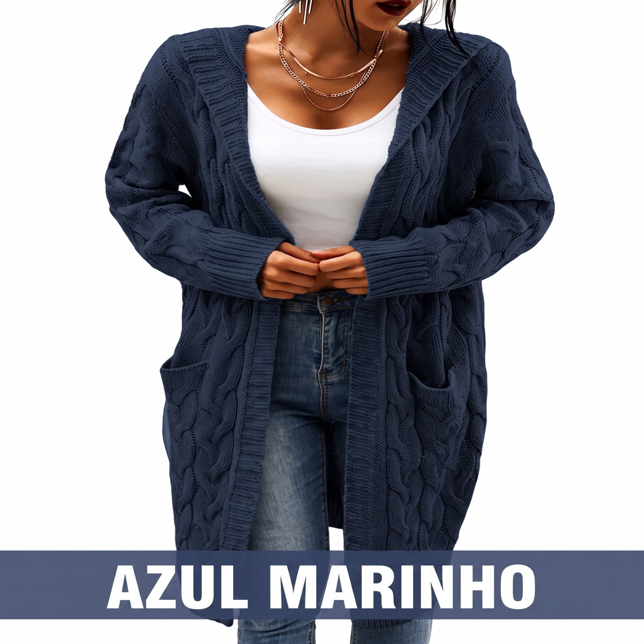 Cardigan de tricot feminino longo com capuz e bolsos
