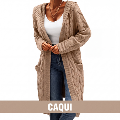 Cardigan de tricot feminino longo com capuz e bolsos