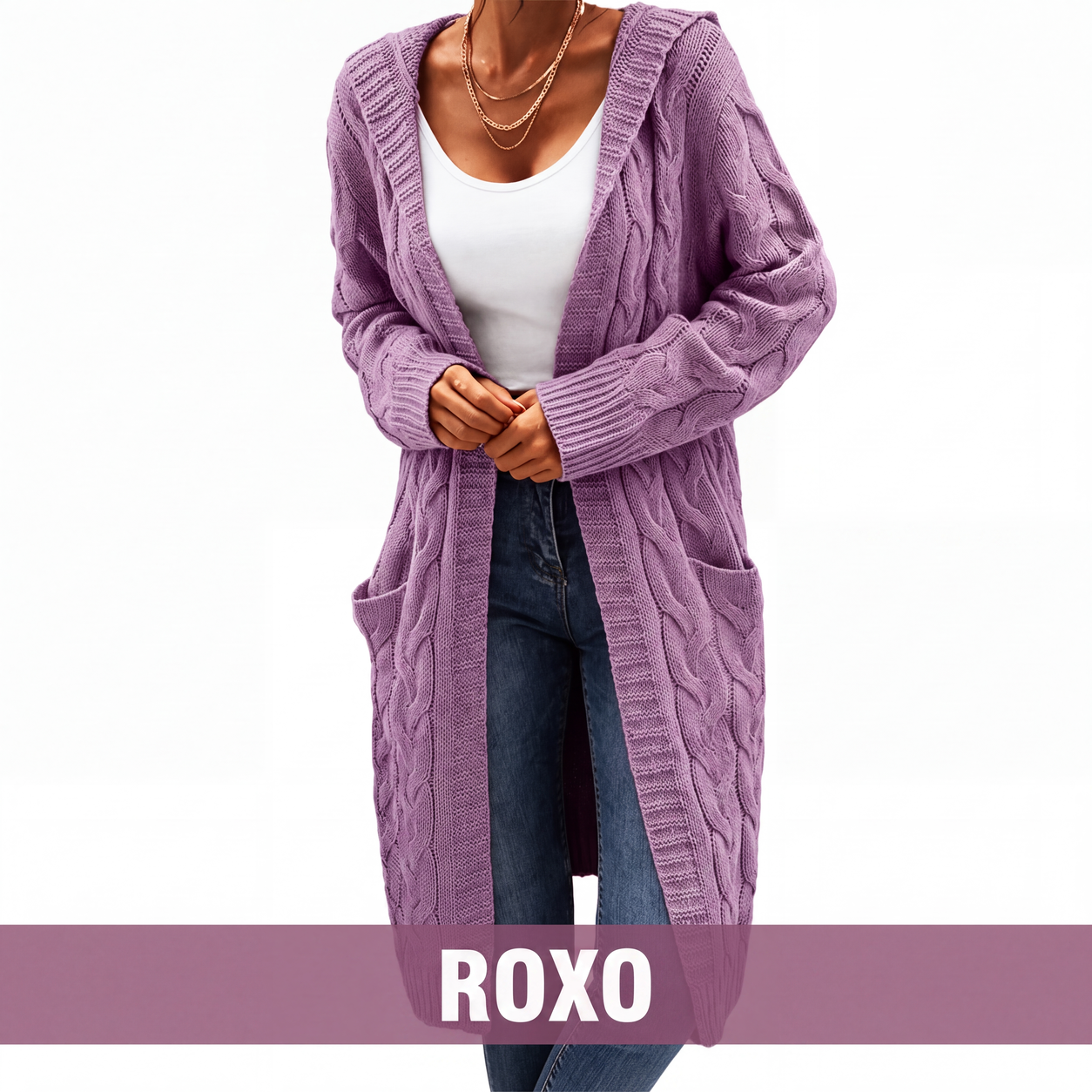 Cardigan de tricot feminino longo com capuz e bolsos