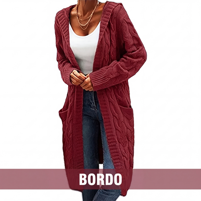 Cardigan de tricot feminino longo com capuz e bolsos