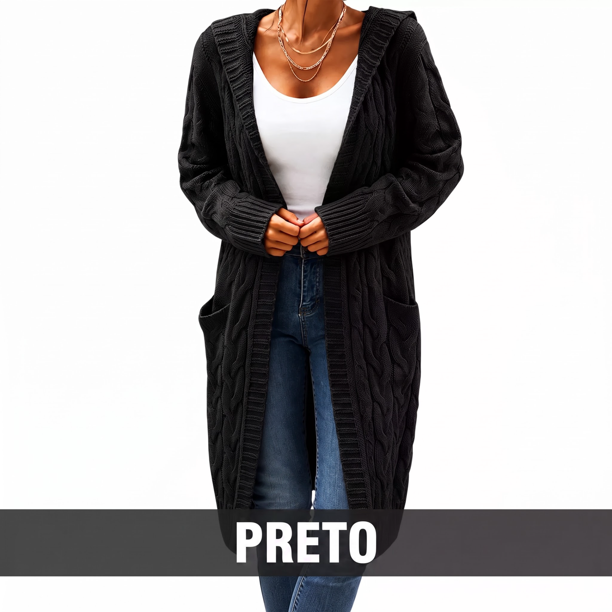 Cardigan de tricot feminino longo com capuz e bolsos