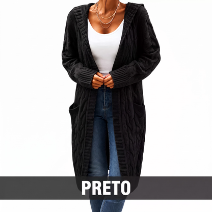 Cardigan de tricot feminino longo com capuz e bolsos