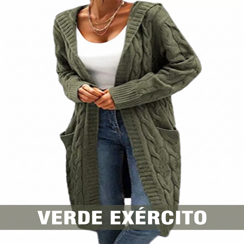 Cardigan de tricot feminino longo com capuz e bolsos