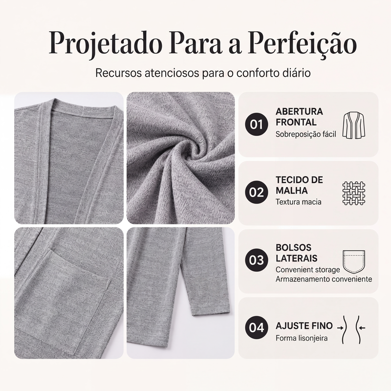 ✨👚Cardigan casual de mulher com abertura frontal e bolsos