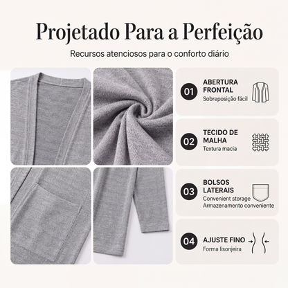 ✨👚Cardigan casual de mulher com abertura frontal e bolsos