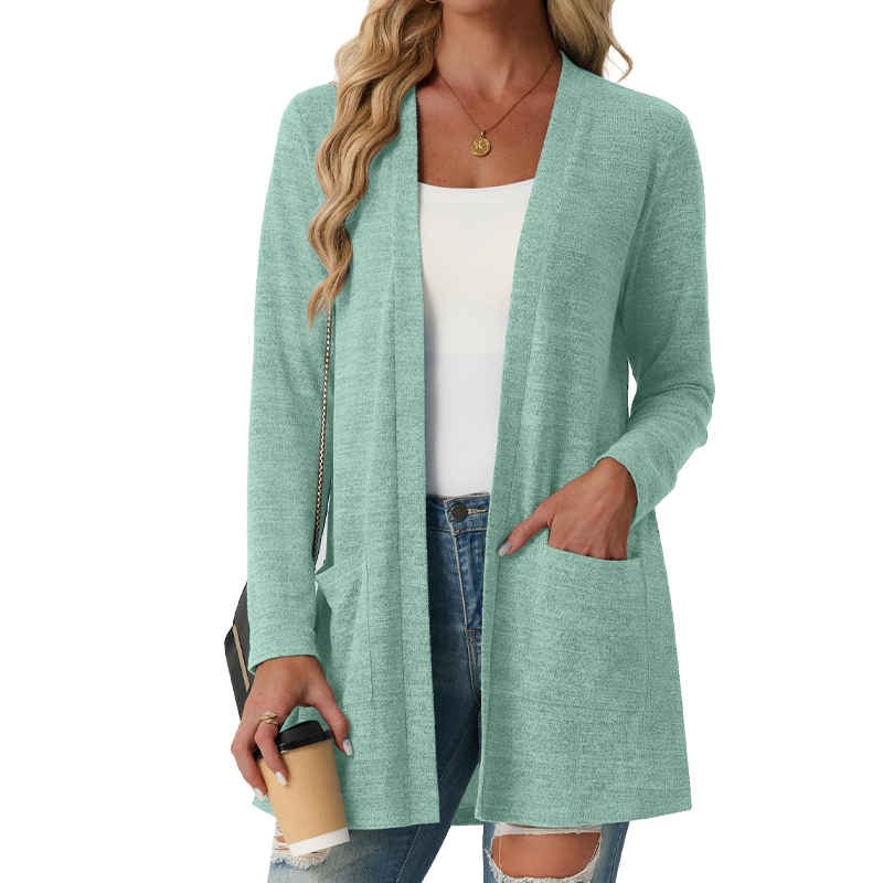 ✨👚Cardigan casual de mulher com abertura frontal e bolsos