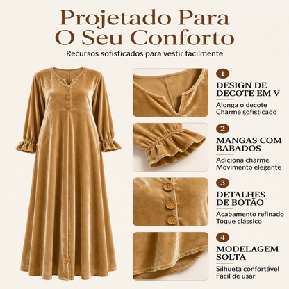 ✨👗Vestido longo de veludo elegante para mulher com manga de folho