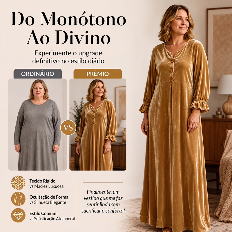 ✨👗Vestido longo de veludo elegante para mulher com manga de folho
