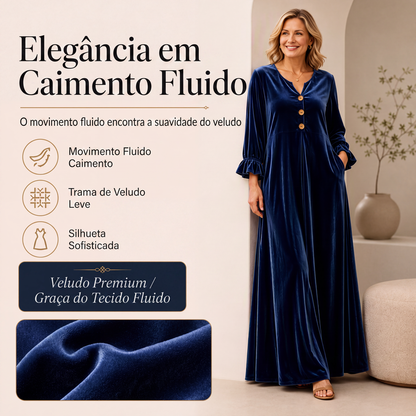 ✨👗Vestido longo de veludo elegante para mulher com manga de folho