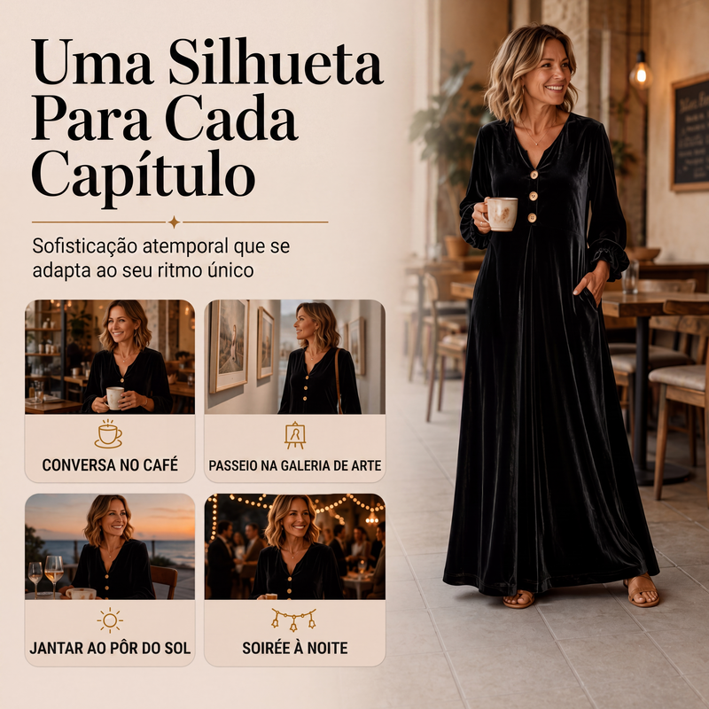 ✨👗Vestido longo de veludo elegante para mulher com manga de folho