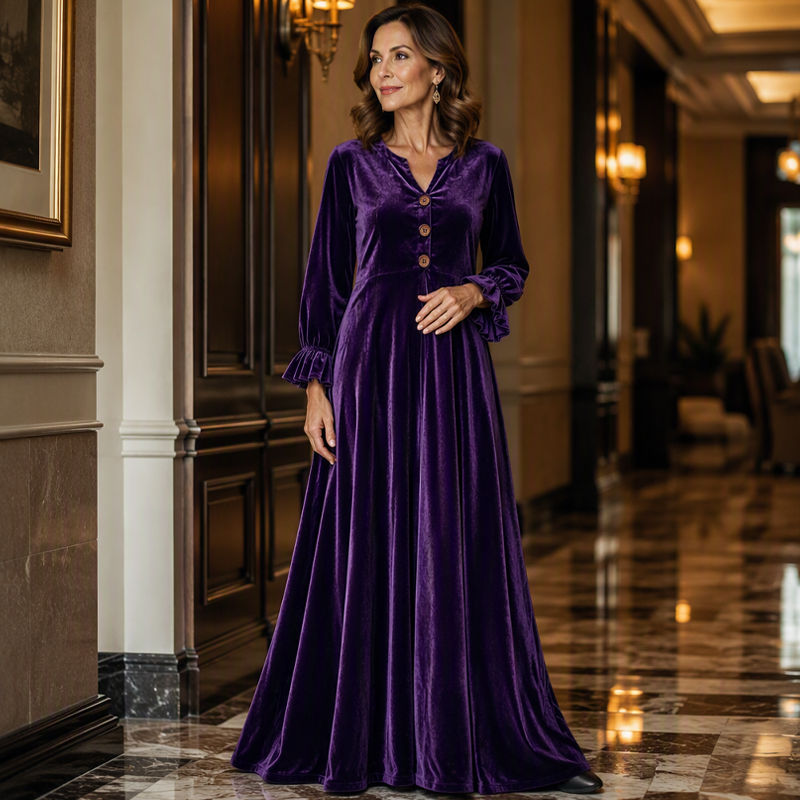 ✨👗Vestido longo de veludo elegante para mulher com manga de folho