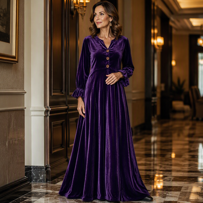✨👗Vestido longo de veludo elegante para mulher com manga de folho