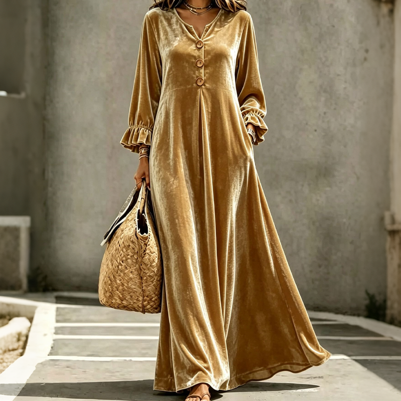 ✨👗Vestido longo de veludo elegante para mulher com manga de folho