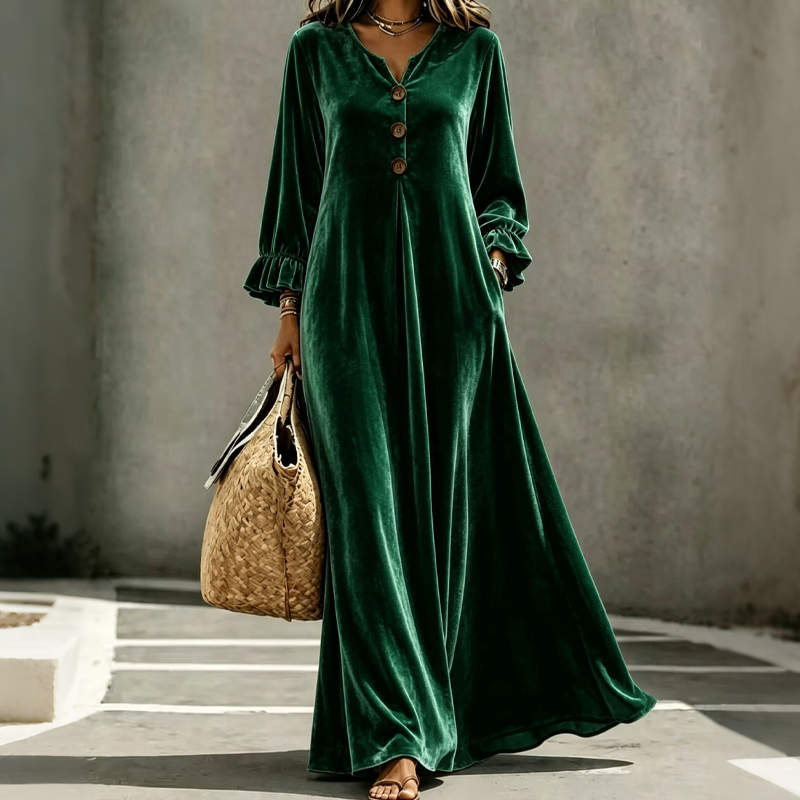 ✨👗Vestido longo de veludo elegante para mulher com manga de folho