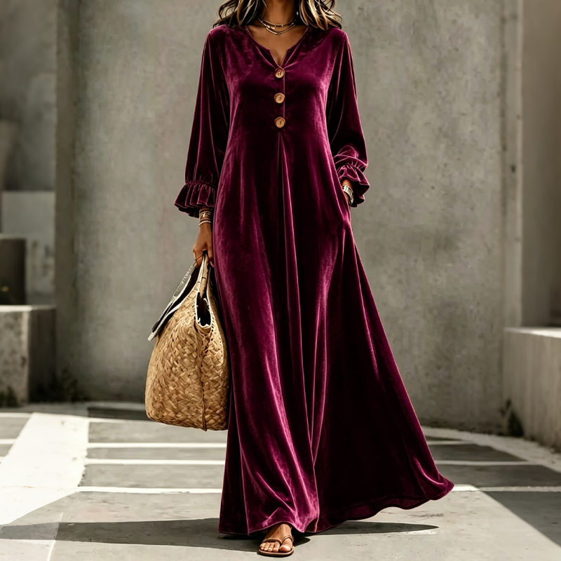 ✨👗Vestido longo de veludo elegante para mulher com manga de folho