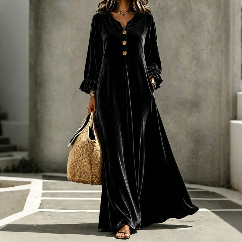 ✨👗Vestido longo de veludo elegante para mulher com manga de folho