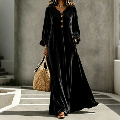 ✨👗Vestido longo de veludo elegante para mulher com manga de folho