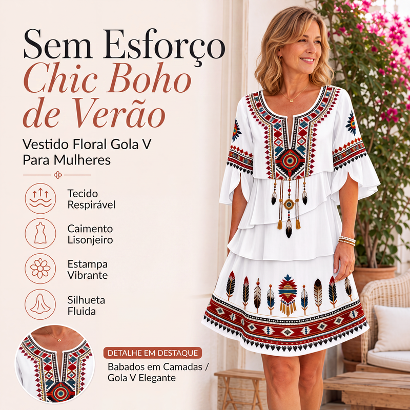 ✨👗Vestido feminino vintage com estampa étnica e camadas