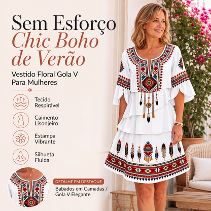 ✨👗Vestido feminino vintage com estampa étnica e camadas