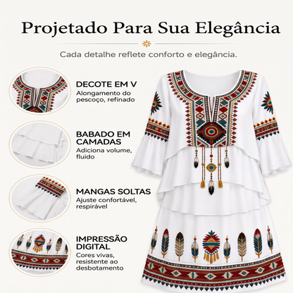 ✨👗Vestido feminino vintage com estampa étnica e camadas