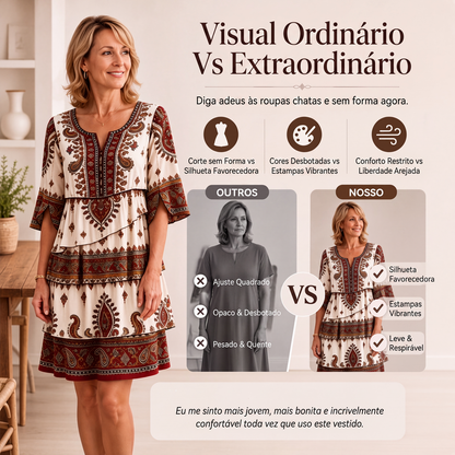 ✨👗Vestido feminino vintage com estampa étnica e camadas