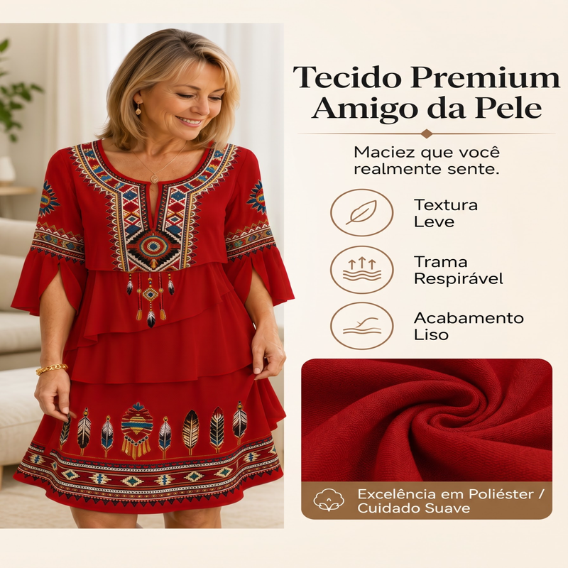 ✨👗Vestido feminino vintage com estampa étnica e camadas