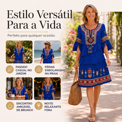 ✨👗Vestido feminino vintage com estampa étnica e camadas