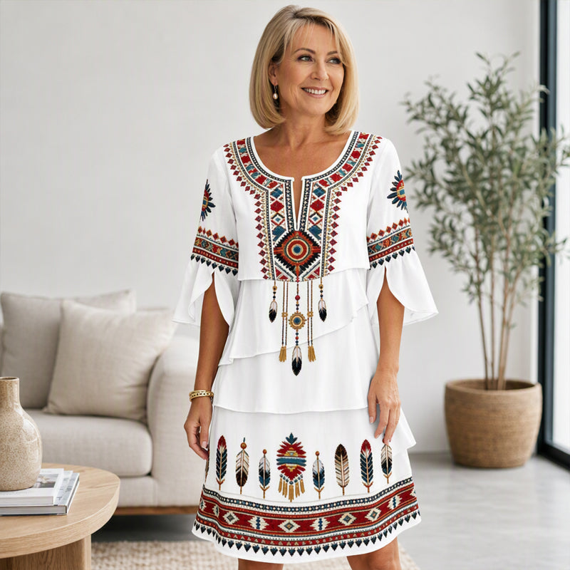 ✨👗Vestido feminino vintage com estampa étnica e camadas