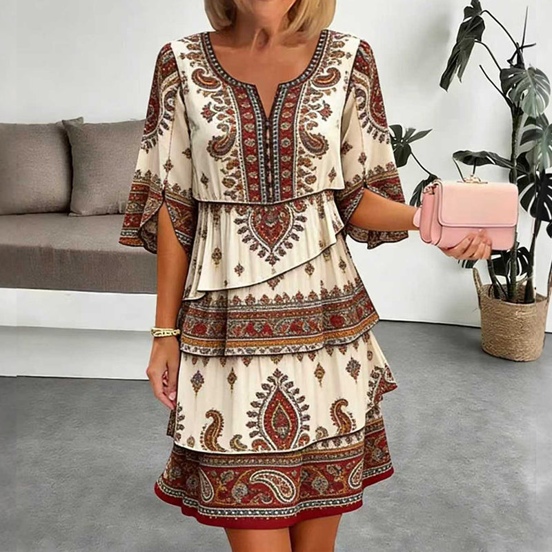 ✨👗Vestido feminino vintage com estampa étnica e camadas