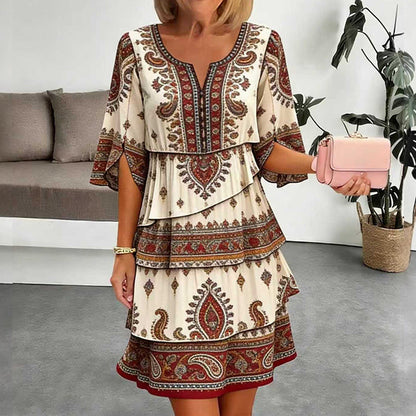 ✨👗Vestido feminino vintage com estampa étnica e camadas