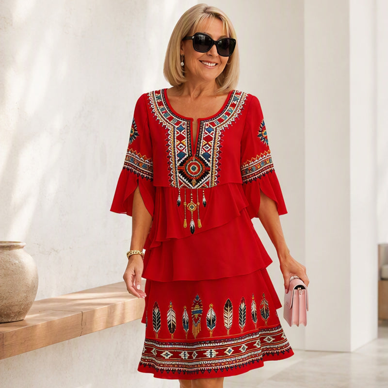 ✨👗Vestido feminino vintage com estampa étnica e camadas