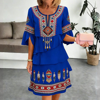 ✨👗Vestido feminino vintage com estampa étnica e camadas
