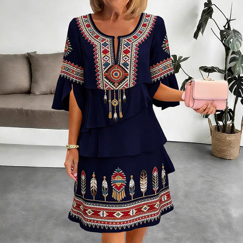 ✨👗Vestido feminino vintage com estampa étnica e camadas