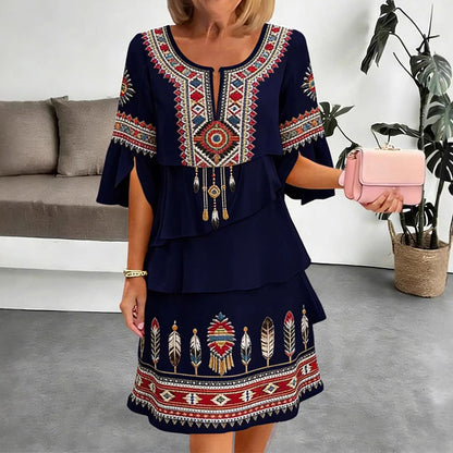 ✨👗Vestido feminino vintage com estampa étnica e camadas