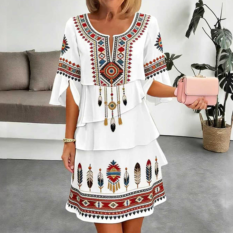 ✨👗Vestido feminino vintage com estampa étnica e camadas