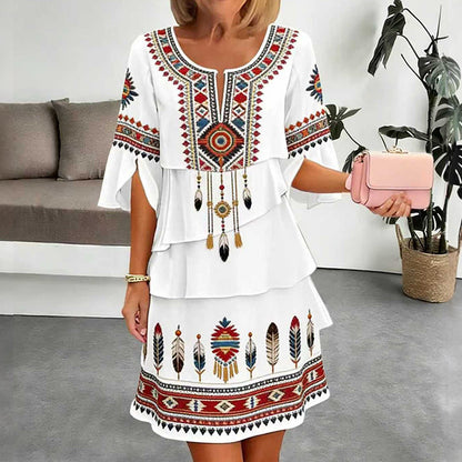 ✨👗Vestido feminino vintage com estampa étnica e camadas