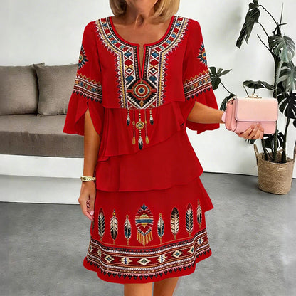✨👗Vestido feminino vintage com estampa étnica e camadas