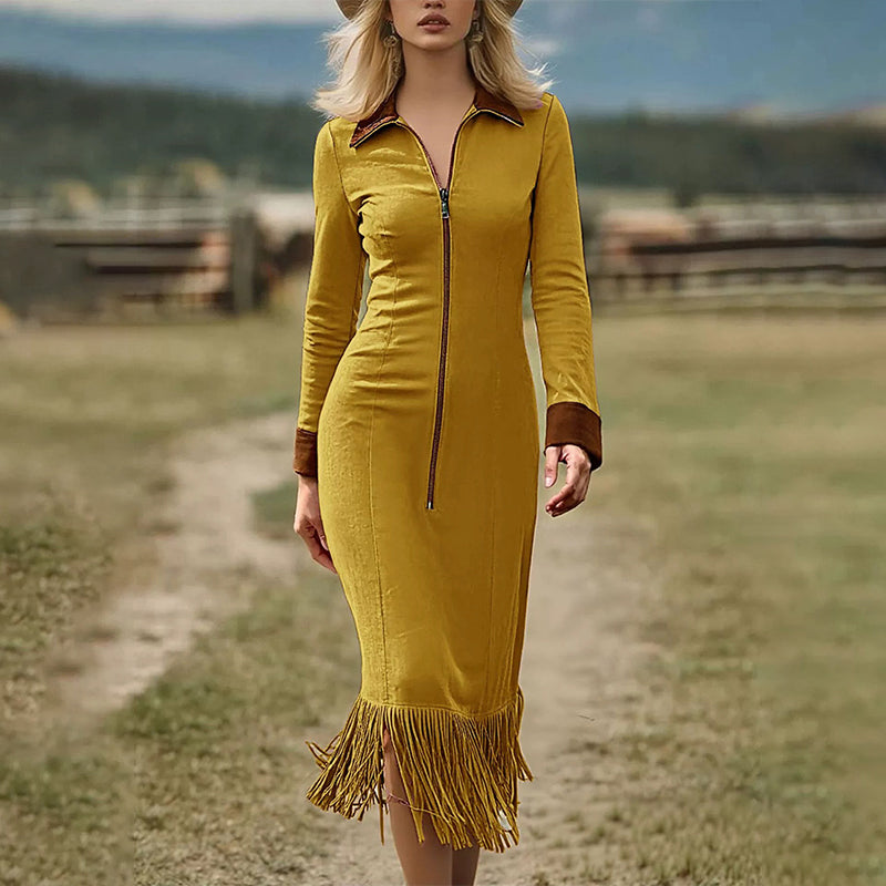 ✨👗Vestido midi feminino de manga longa com barra de franjas