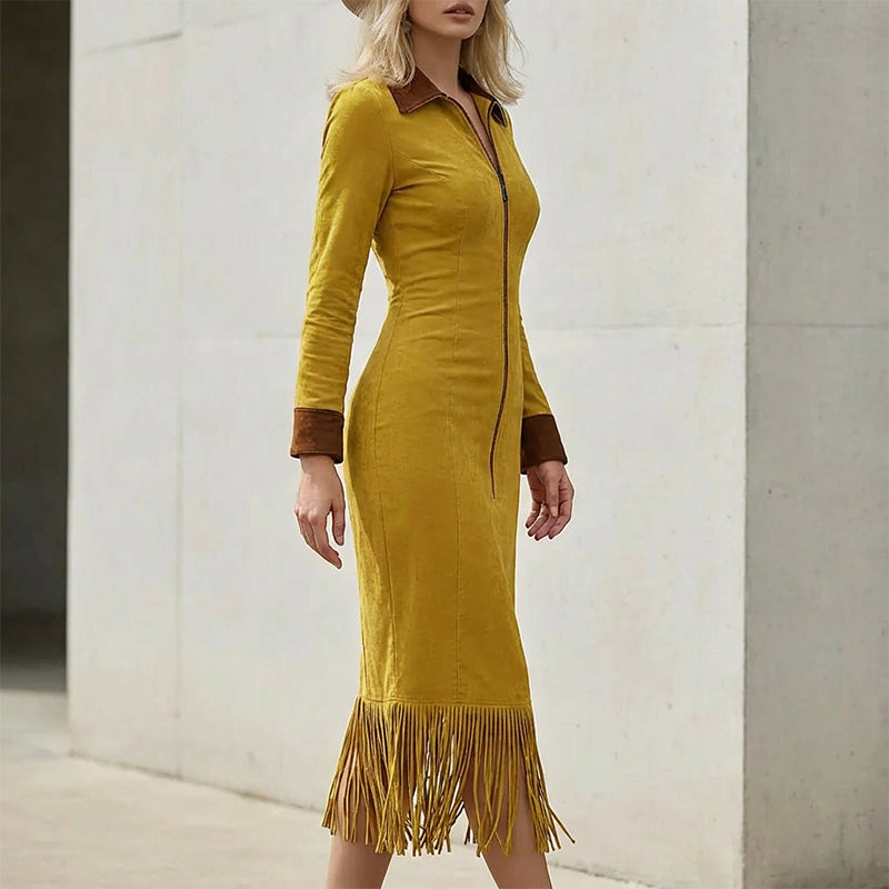✨👗Vestido midi feminino de manga longa com barra de franjas