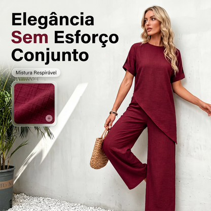 Conjunto de blusa com bainha assimétrica e calça de perna larga