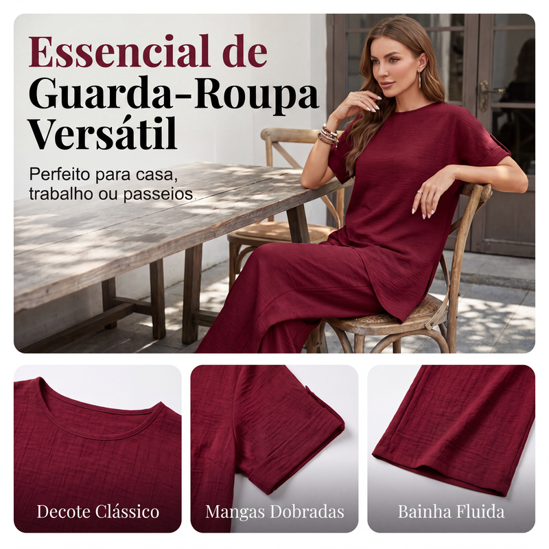 Conjunto de blusa com bainha assimétrica e calça de perna larga