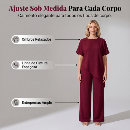 Conjunto de blusa com bainha assimétrica e calça de perna larga