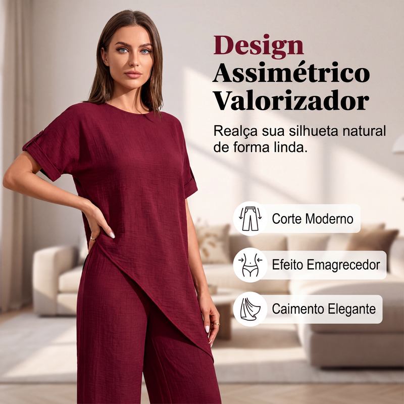 Conjunto de blusa com bainha assimétrica e calça de perna larga