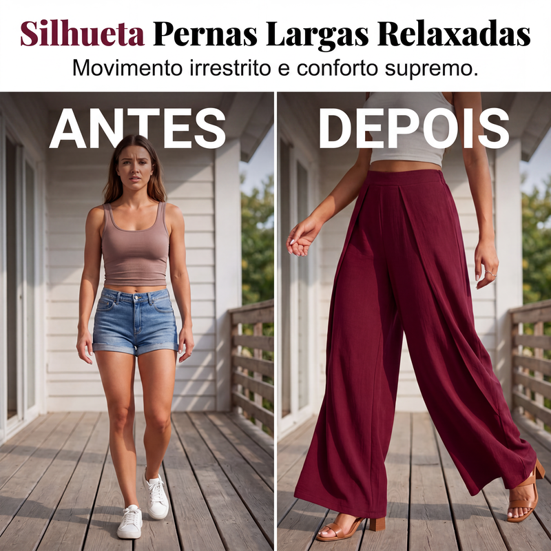 Conjunto de blusa com bainha assimétrica e calça de perna larga