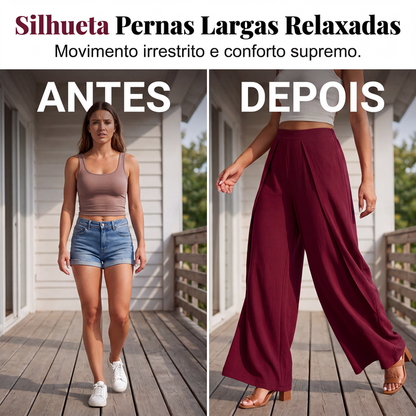 Conjunto de blusa com bainha assimétrica e calça de perna larga