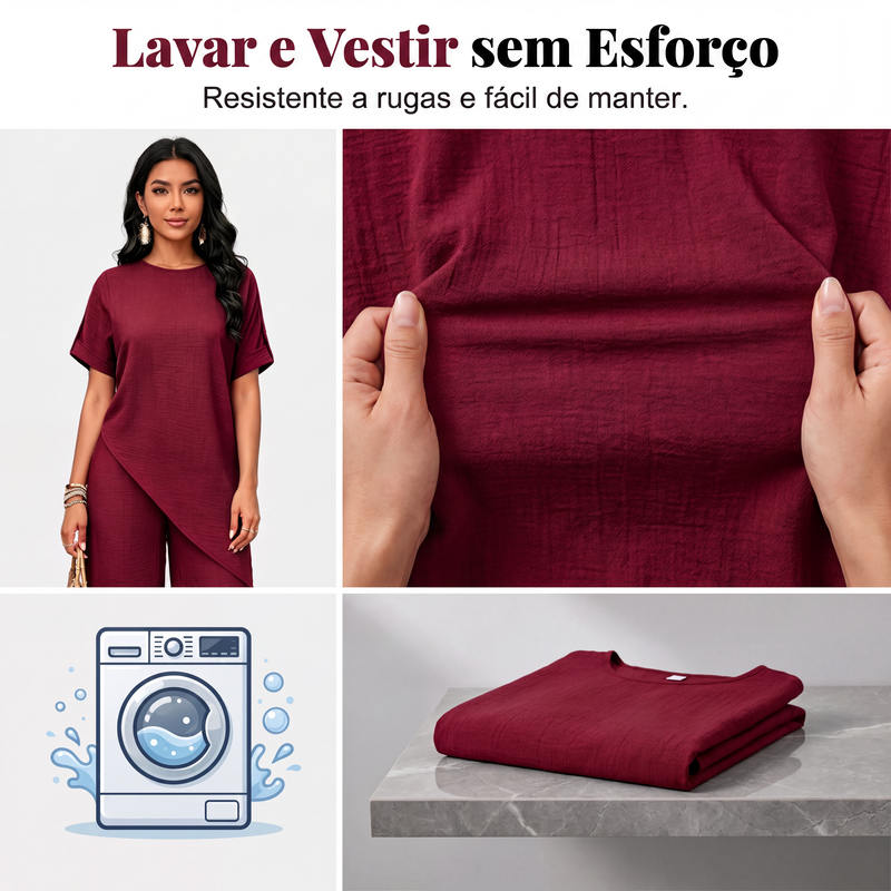 Conjunto de blusa com bainha assimétrica e calça de perna larga