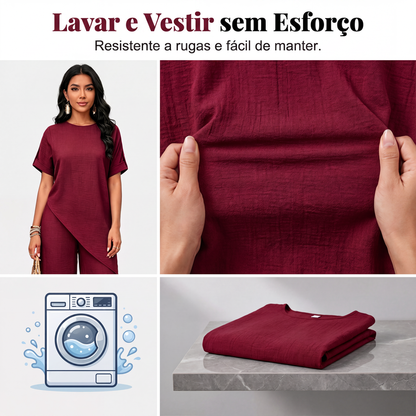 Conjunto de blusa com bainha assimétrica e calça de perna larga