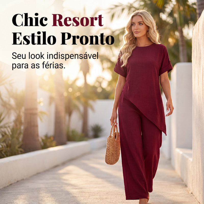 Conjunto de blusa com bainha assimétrica e calça de perna larga