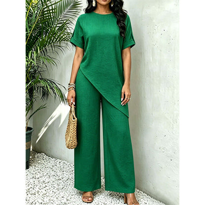 Conjunto de blusa com bainha assimétrica e calça de perna larga
