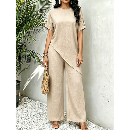 Conjunto de blusa com bainha assimétrica e calça de perna larga